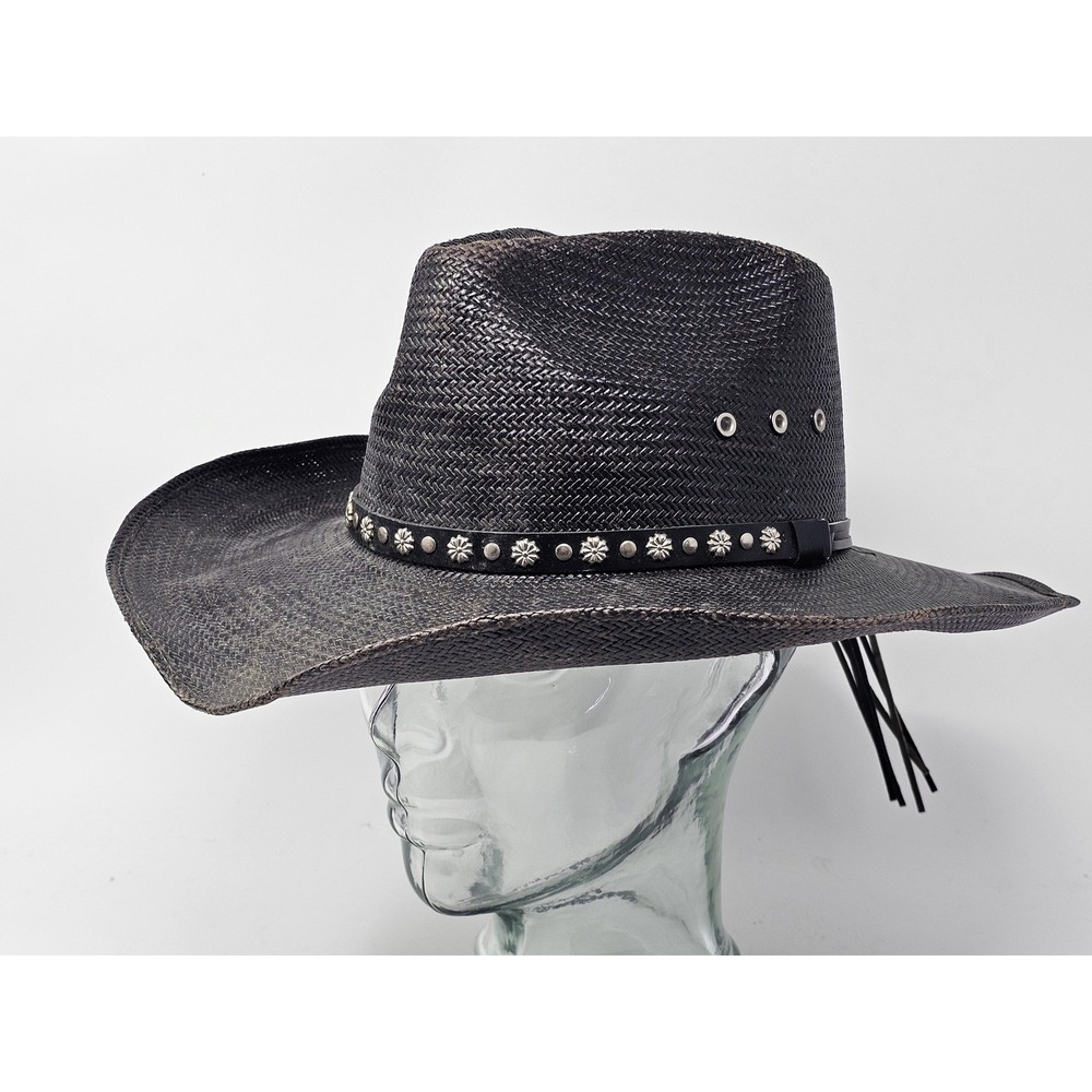 Larry Mahan Hat Cowboy Fitted Mens 7 1/8 Black Shantung Straw Western Wide Brim